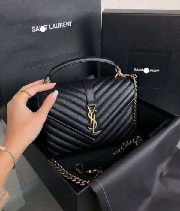 SAIINT LAURRENT Grain De Poudre Matelasse Chevron Medium Monogram Satchel with box