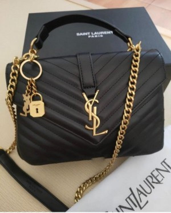 SAIINT LAURRENT Grain De Poudre Matelasse Chevron Medium Monogram Satchel with box