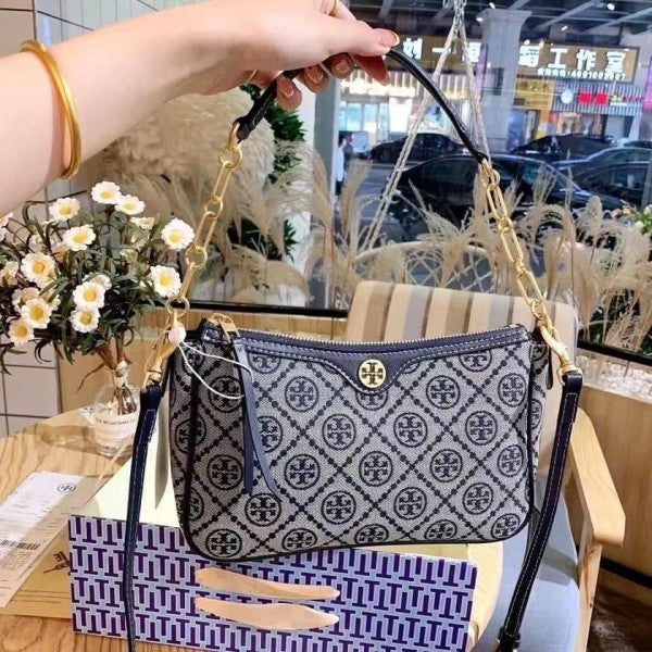 TB T MONOGRAM JACQUARD SHOULDER BAG ADJUSTABLE STRAP WITH BOX