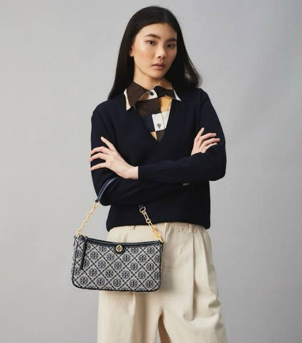 TB T MONOGRAM JACQUARD SHOULDER BAG ADJUSTABLE STRAP WITH BOX