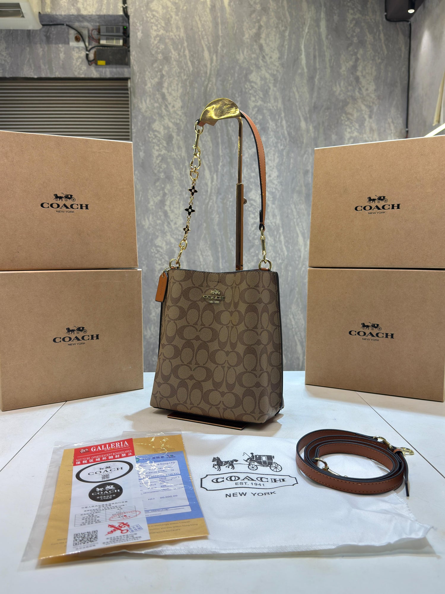 CH mollie signature bucket bag with extra long sling and carry bag